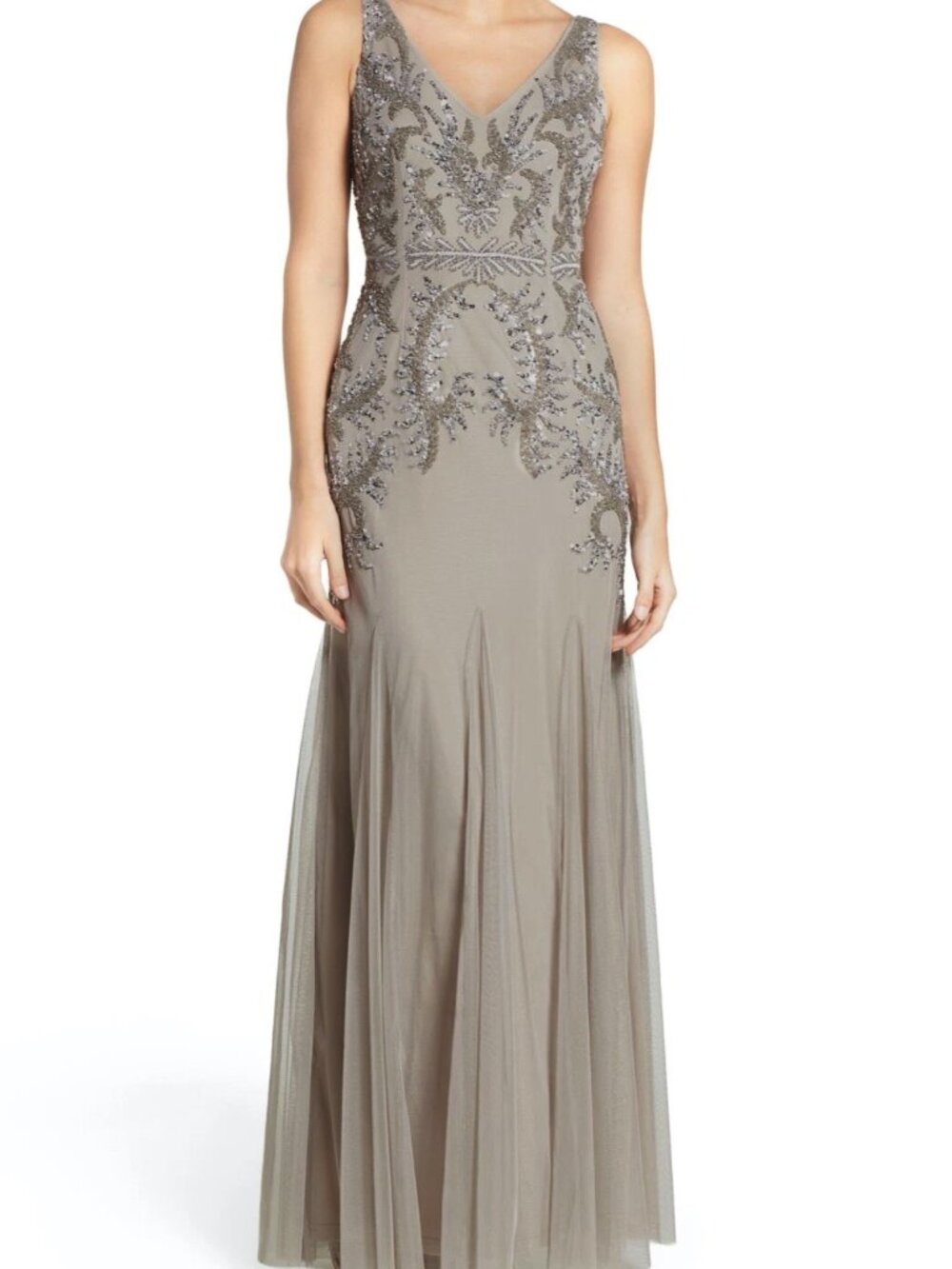 Adrianna Papell long taupe beaded gown size 10